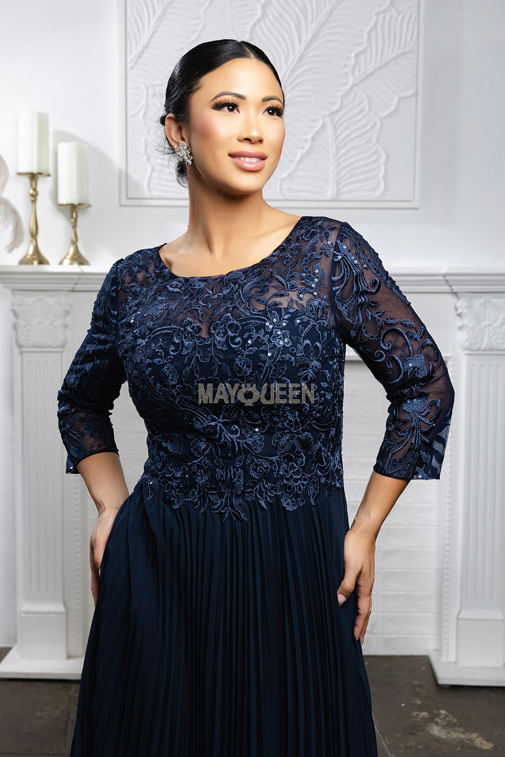 MayQueen MQ-2189 Tea Length Mother of the Bride Gown in Lace and Pleated Chiffon