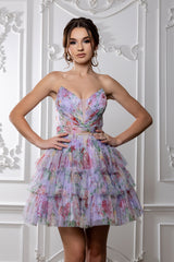 MayQueen 2214 Short Layered Print Homecoming Or Prom Gown