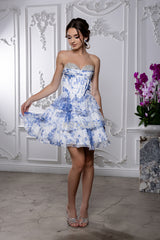 MayQueen 2215 Short Chiffon Layered Floral Print Homecoming Dress