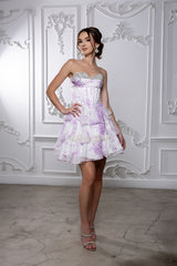 MayQueen 2215 Short Chiffon Layered Floral Print Homecoming Dress