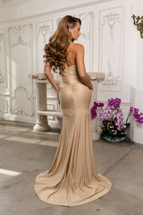 MayQueen 2219 Jersey Stretch Halter Bridesmaid Gown With Train