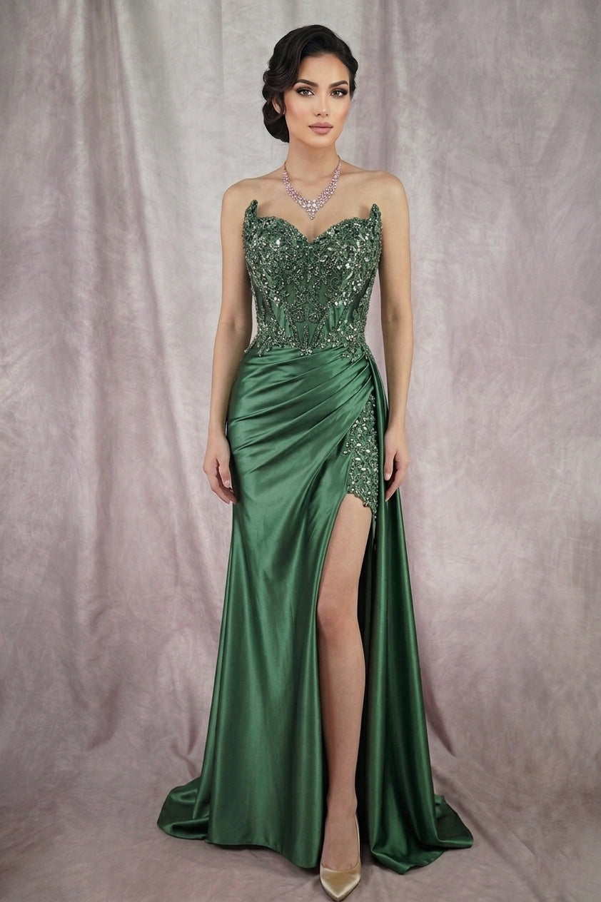 Chicas DM8038 Long Satin Prom Gown With Peaked Bust & Lace Up Back
