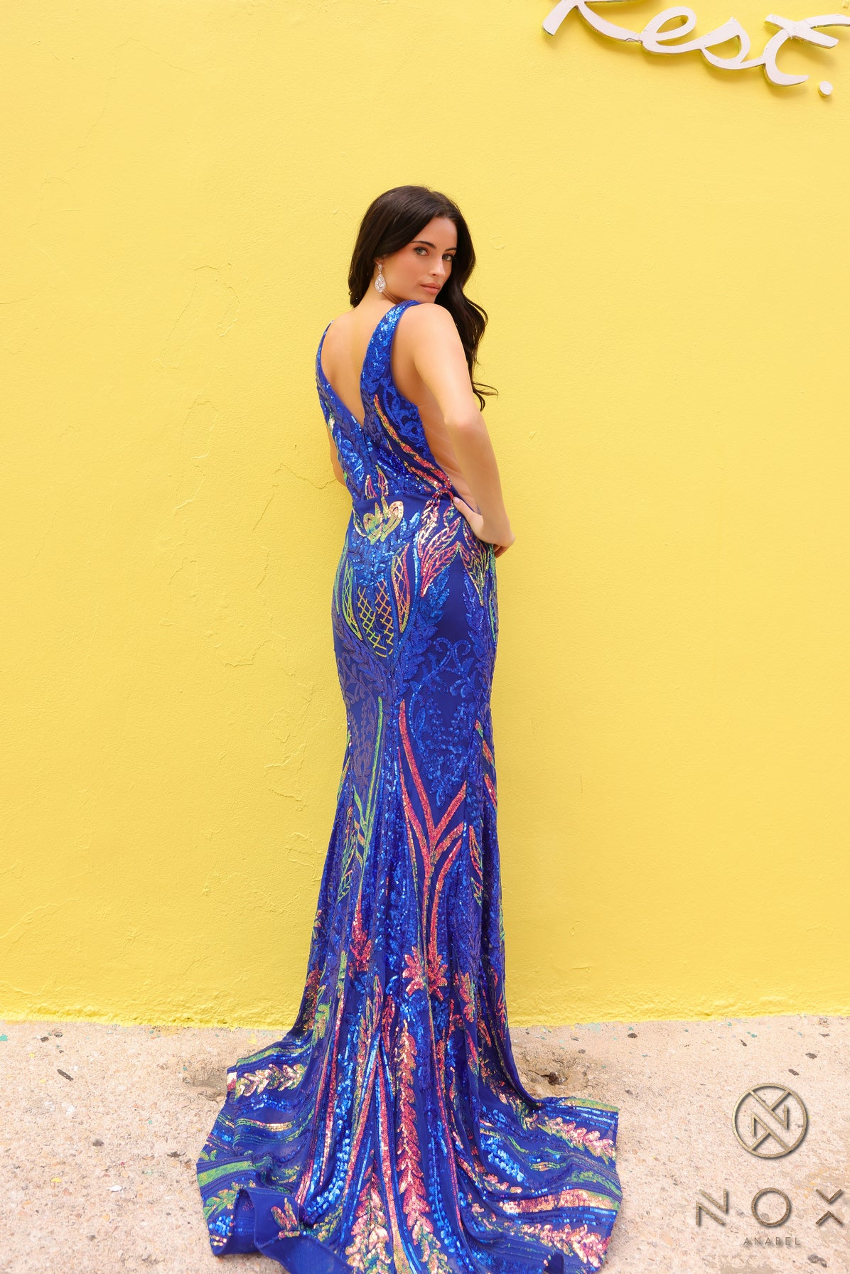 Nox Anabel R-1402 Sequined Pattern Mermaid Prom Gown