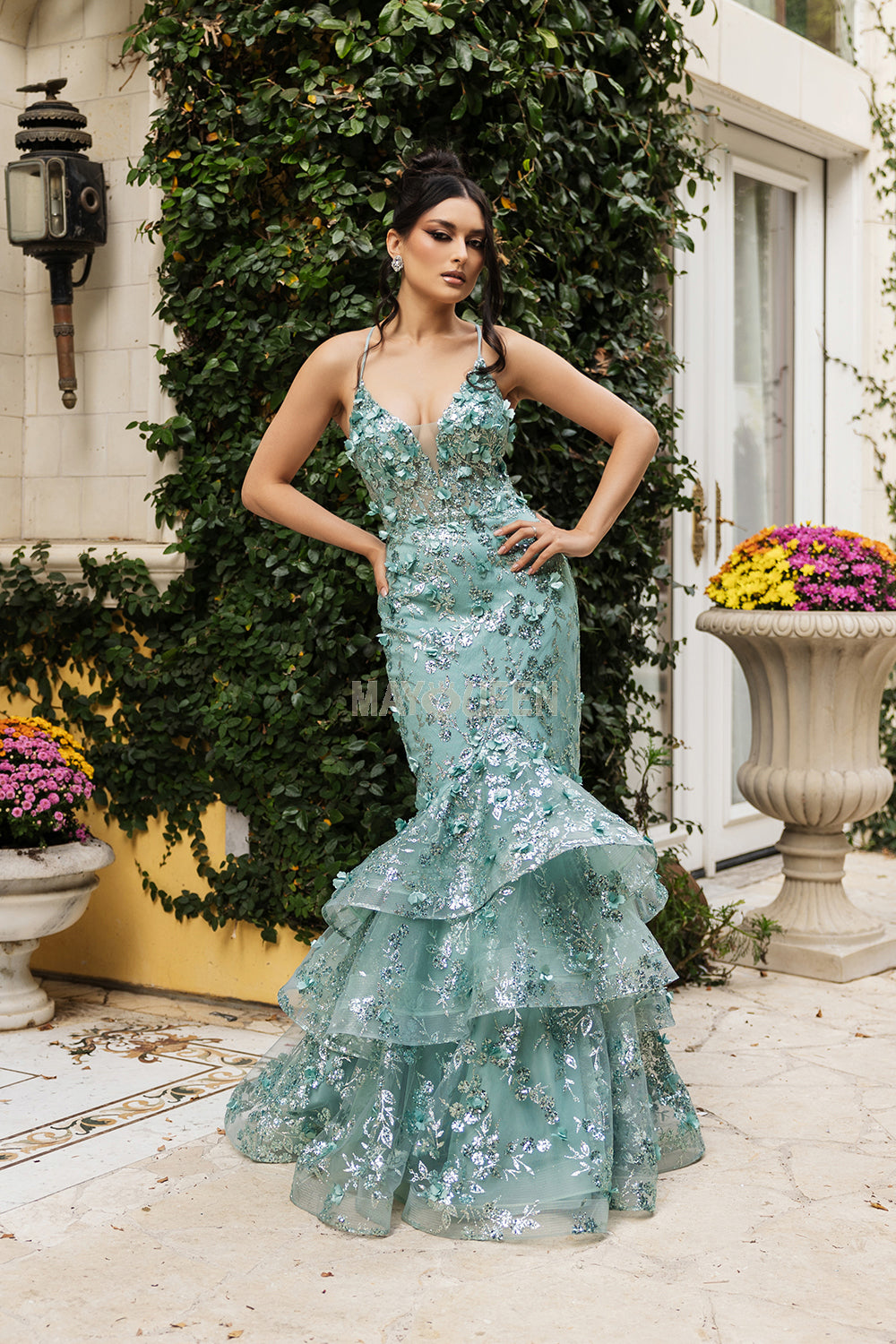 May Queen MQ8148 Layered Mermaid Prom Gown With Lace-up Back