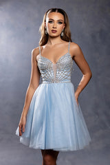 May Queen MQ2243 Short Hoco Shimmer Dress With Beading & Corset Back