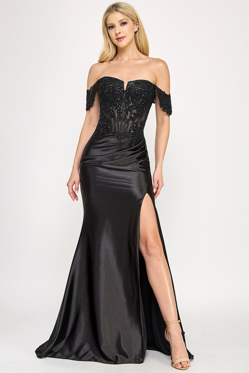 Lenovia 8398 Off the Shoulder Sateen Crystal Formal Prom Gown