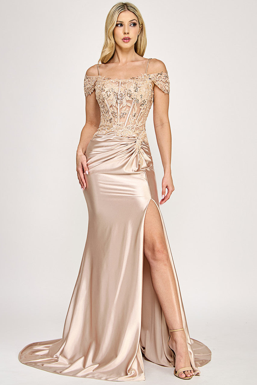 Lenovia 8348 Stretch Sateen Prom or Formal Gown with Embroidered Mesh Bodice