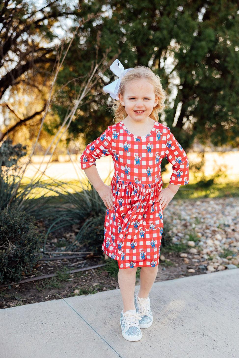 Mila & Rose Nebraska Plaid Herbie Husker 3/4 Sleeve Pocket Twirl Dress For Girls