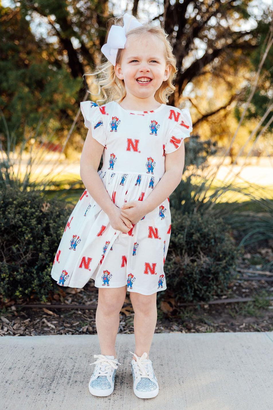 Mila & Rose Nebraska White Herbie Husker Flutter Twirl Dress For Girls