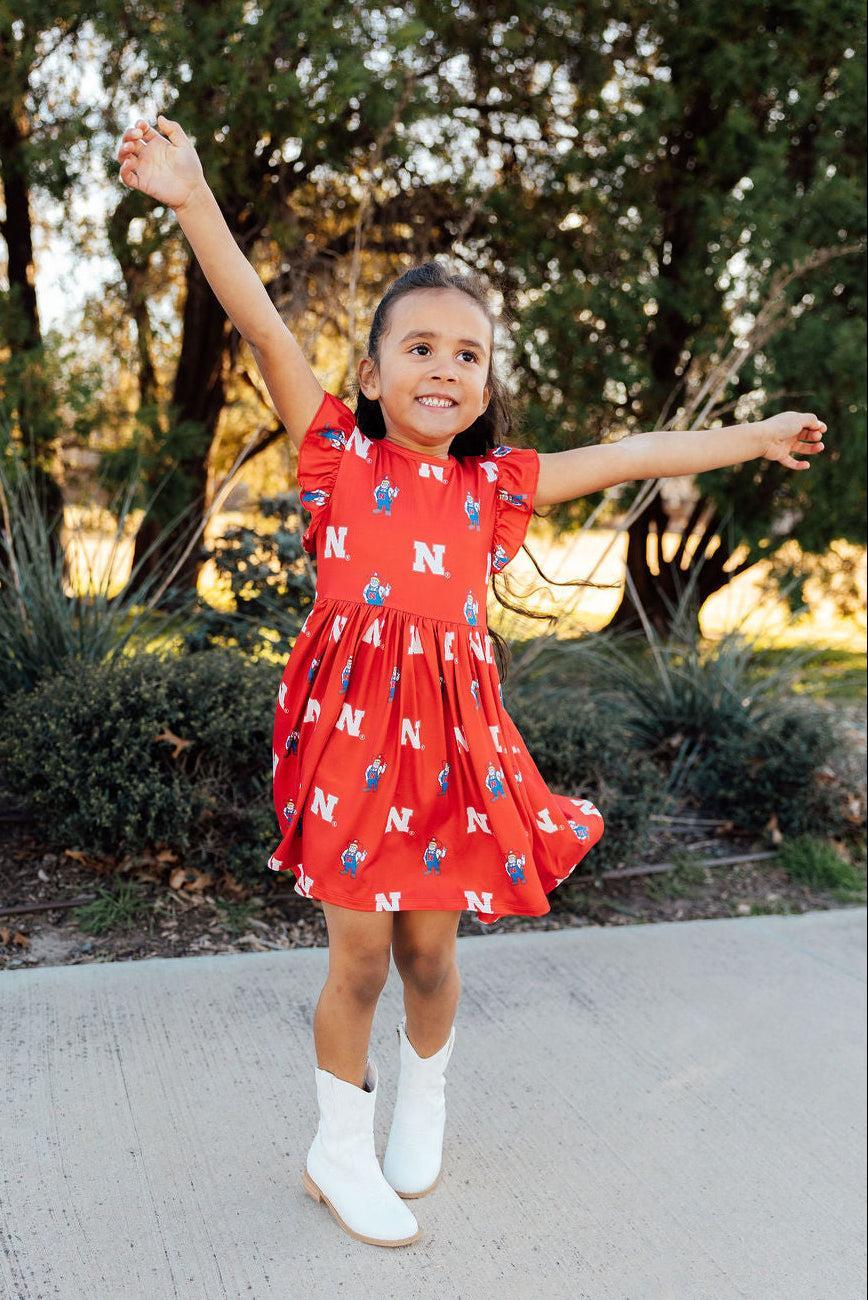 Mila & Rose Nebraska Red Herbie Husker Flutter Twirl Dress For Girls