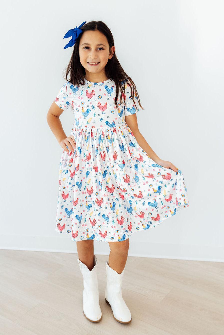 Mila & Rose Rainbow Roosters Short Sleeve Pocket Twirl Dress
