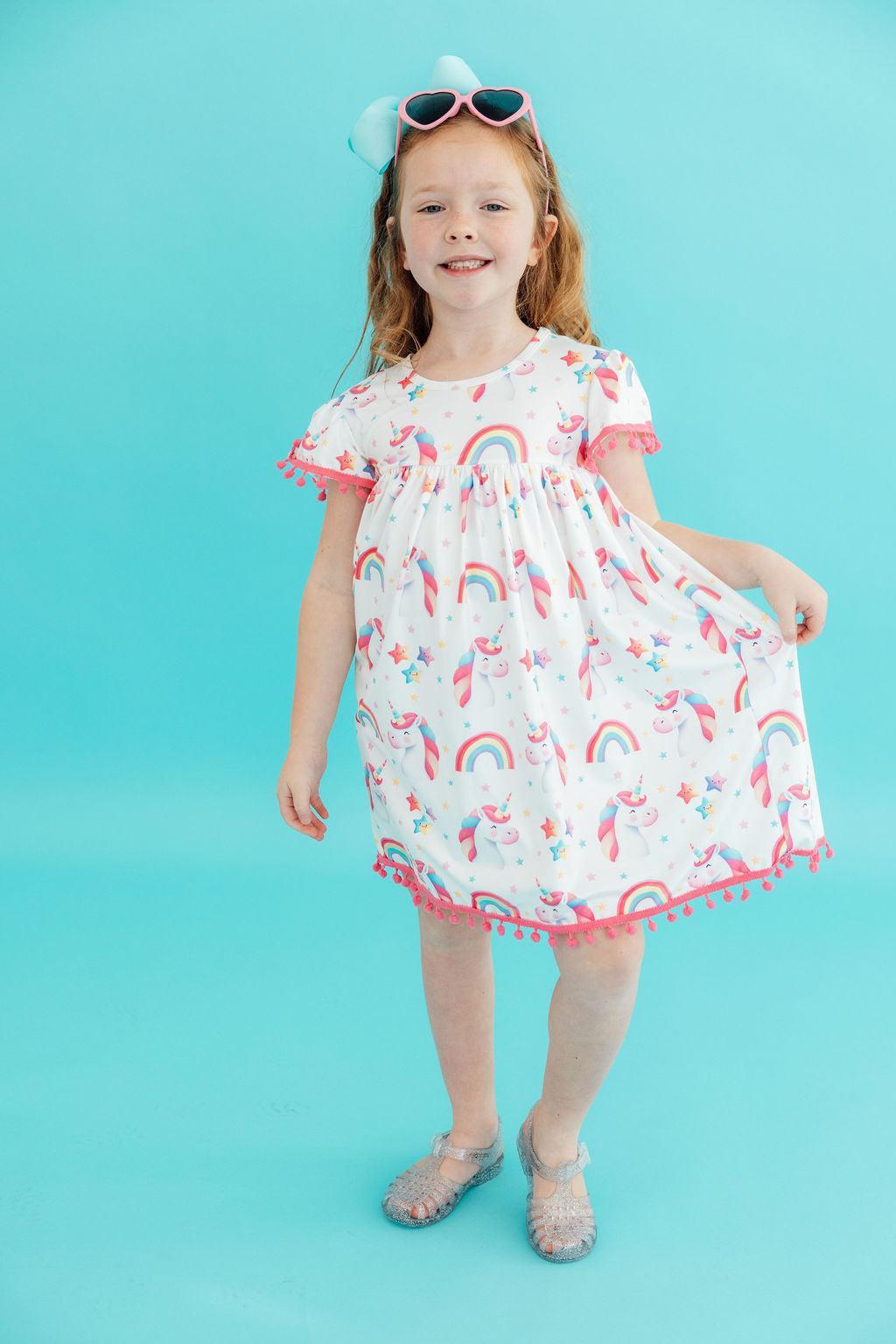 Mila & Rose Rainbow Unicorn Magic Pom Pom Summer Dress For Girls