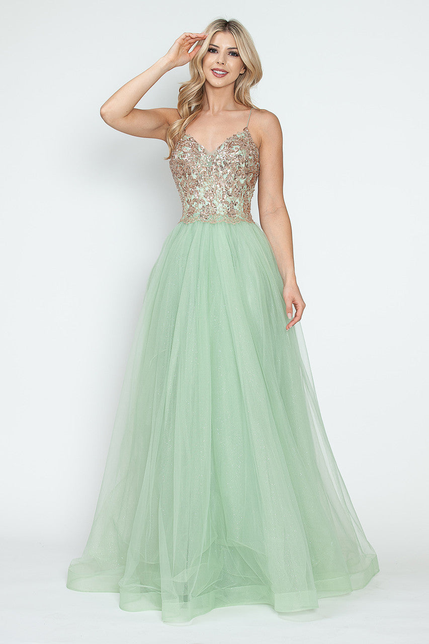 Lenovia 8236 Sparkle Tulle Prom Gown with Gold Sequins and Embroidery