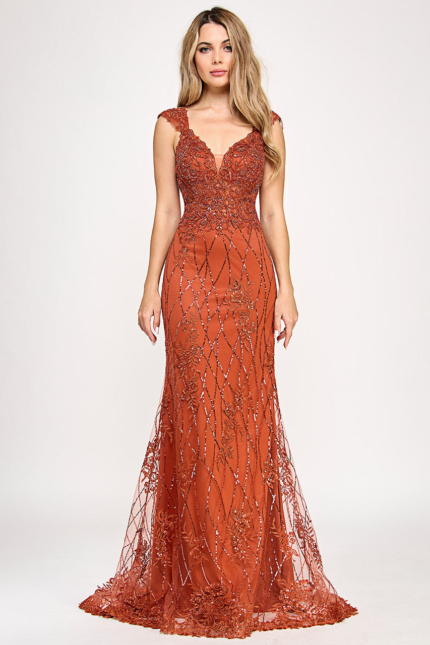 Lenovia 8350 Embroidered Mesh Mermaid Style Formal Prom Gown